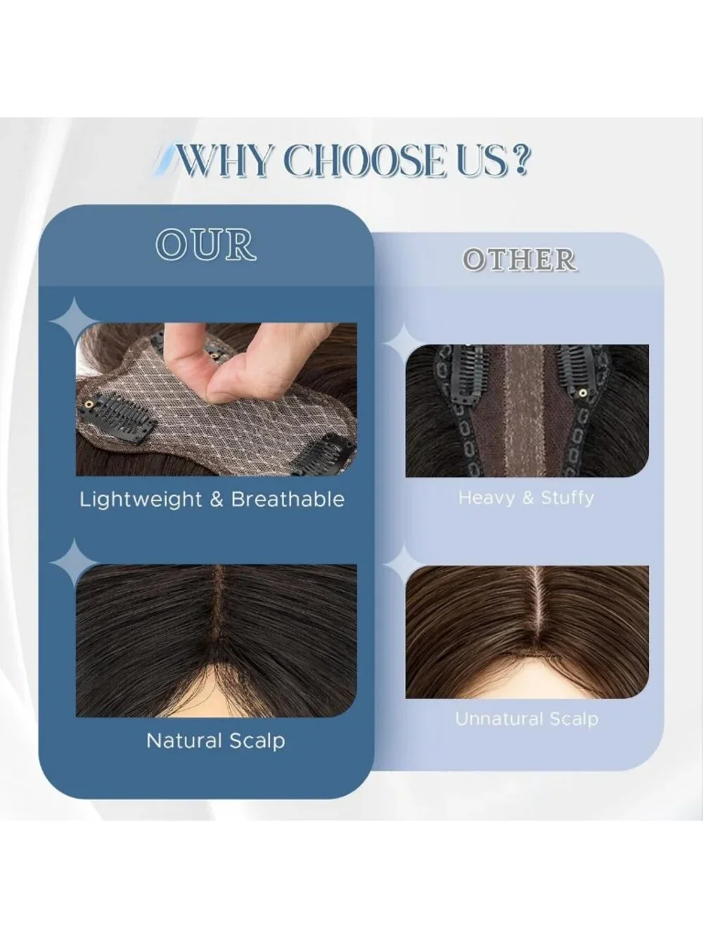 Real Human Hair Toppers for Women - Lightweight Clip-In Hairpieces with Side